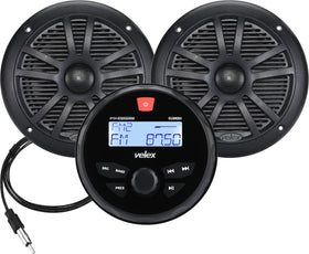 Velex marine stereo front view highlighting rugged IPX6 protection for boats