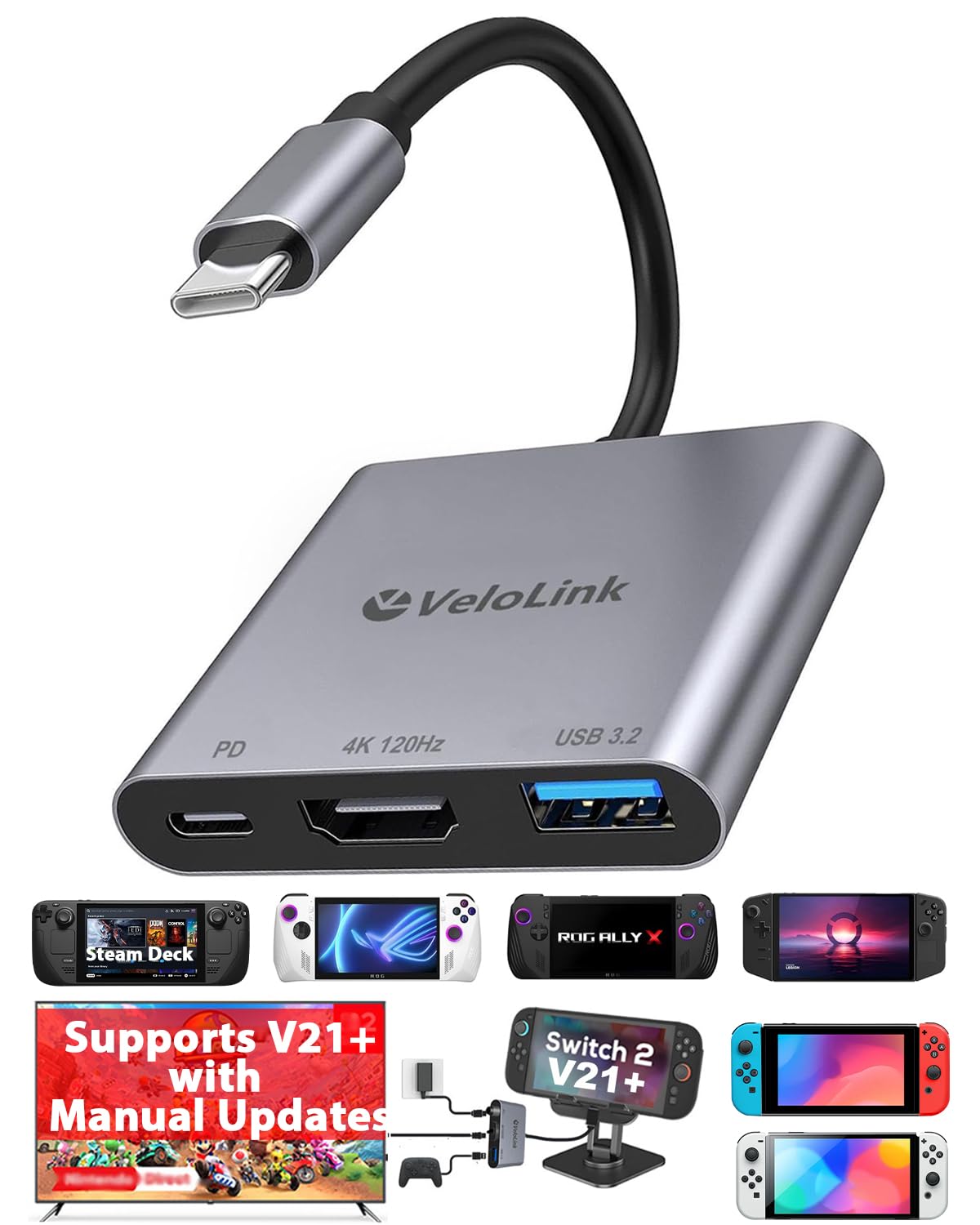 Velolink Switch Dock on desk with Switch 1 and monitor.