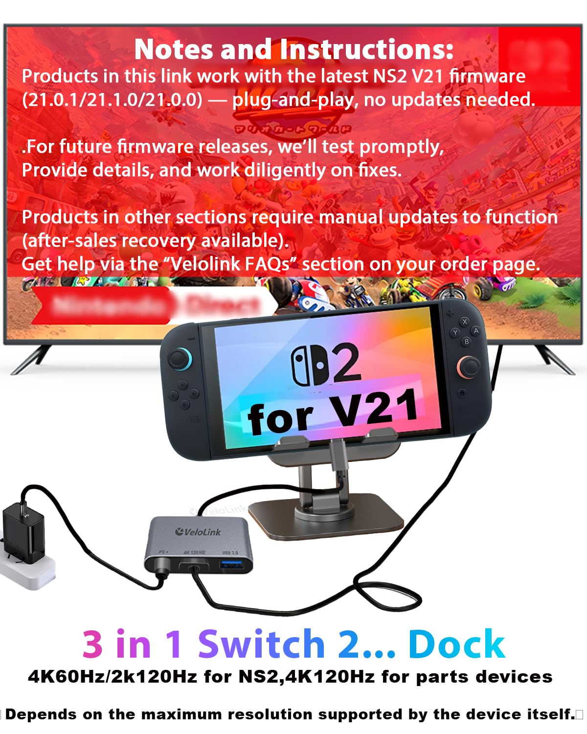Velolink Switch2 Dock showcasing 4K120Hz-capable output with compatible devices.