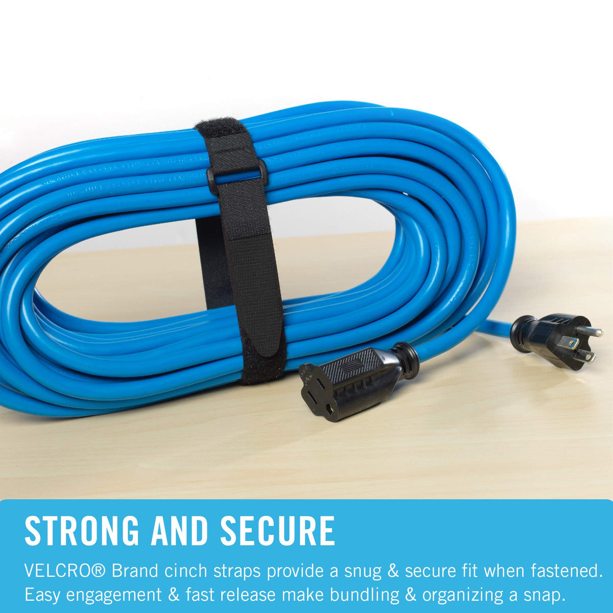 VELSTRAP nylon strap demonstrates flexible adjustment for easy bundling.