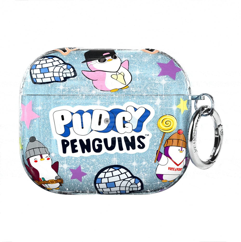 VELVET CAVIAR Pudgy Penguins blue glitter AirPods 3 case, front view, stylish protection.