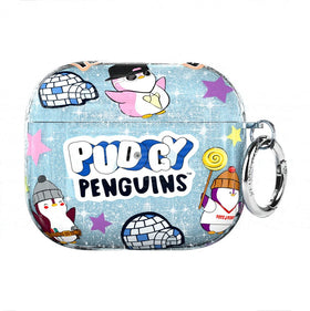 VELVET CAVIAR Pudgy Penguins blue glitter AirPods 3 case, front view, stylish protection.