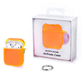 VELVET CAVIAR AirPods case neon orange back view showing 360-degree protection.