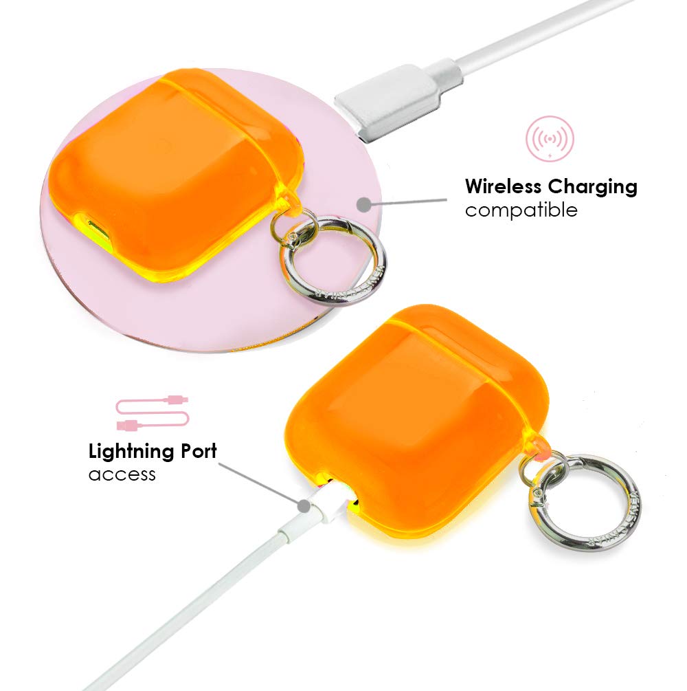 VELVET CAVIAR AirPods case neon orange close-up of scratch-resistant shell for daily protection.