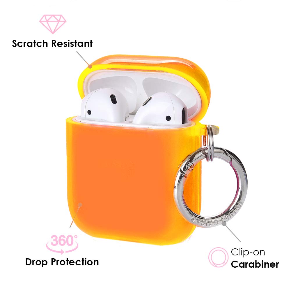 VELVET CAVIAR AirPods case neon orange with built-in keychain for secure carrying.