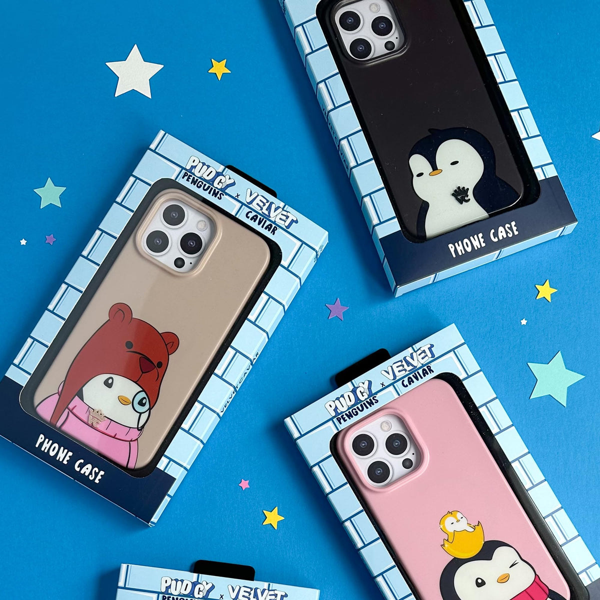 Velvet Caviar Pudgy Penguins AirPods case open shows easy charging access.