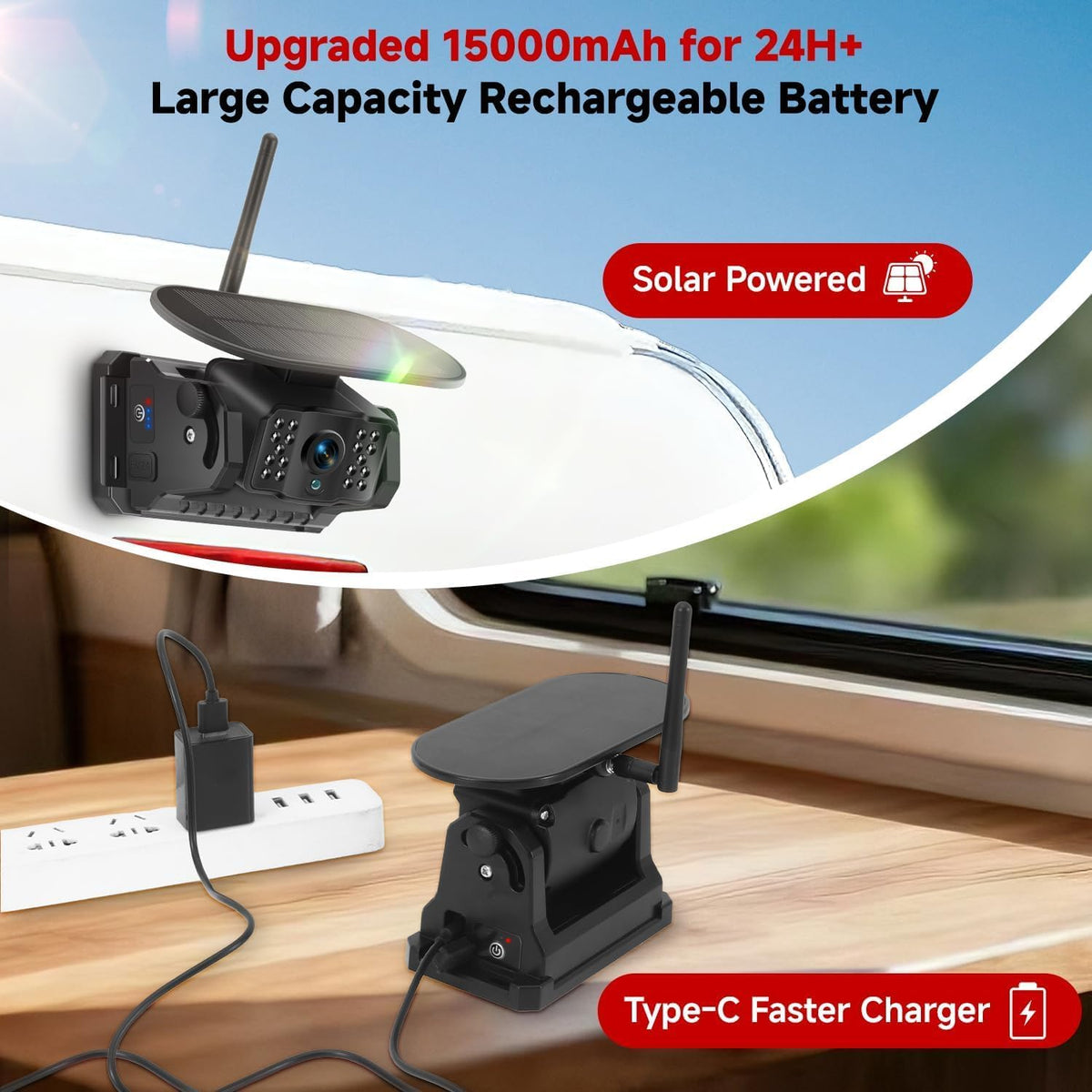 Venluna solar-powered 15000mAh battery extends uptime on long trips.