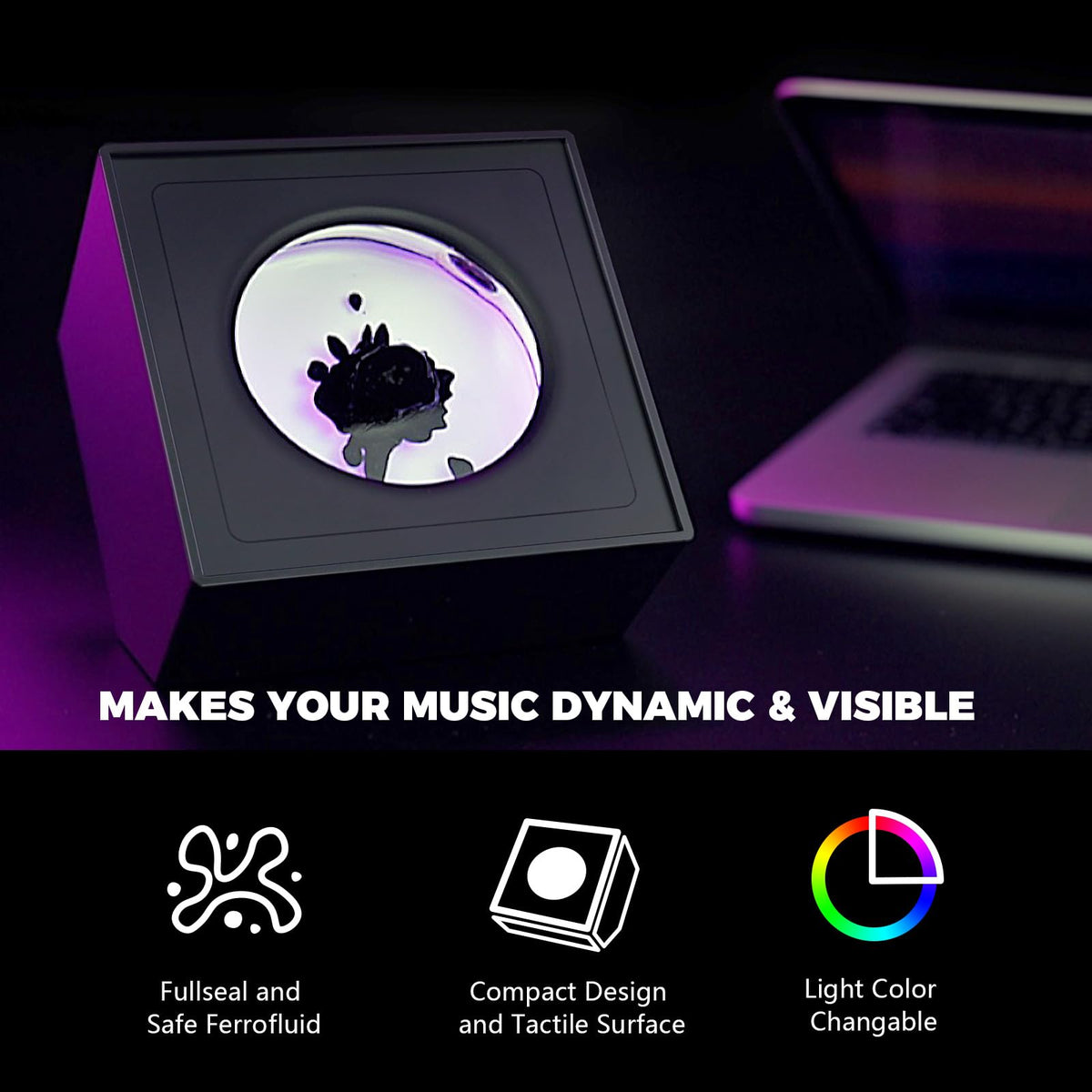 Venominbox ferrofluid RGB LED light creating colorful ambient desk illumination