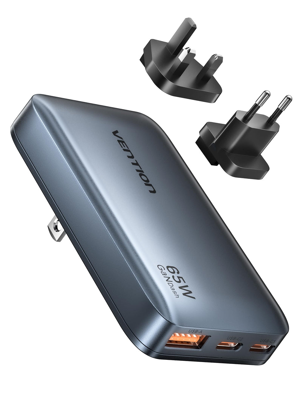 VENTION front view showing 3 ports and slim profile with fast charging benefit