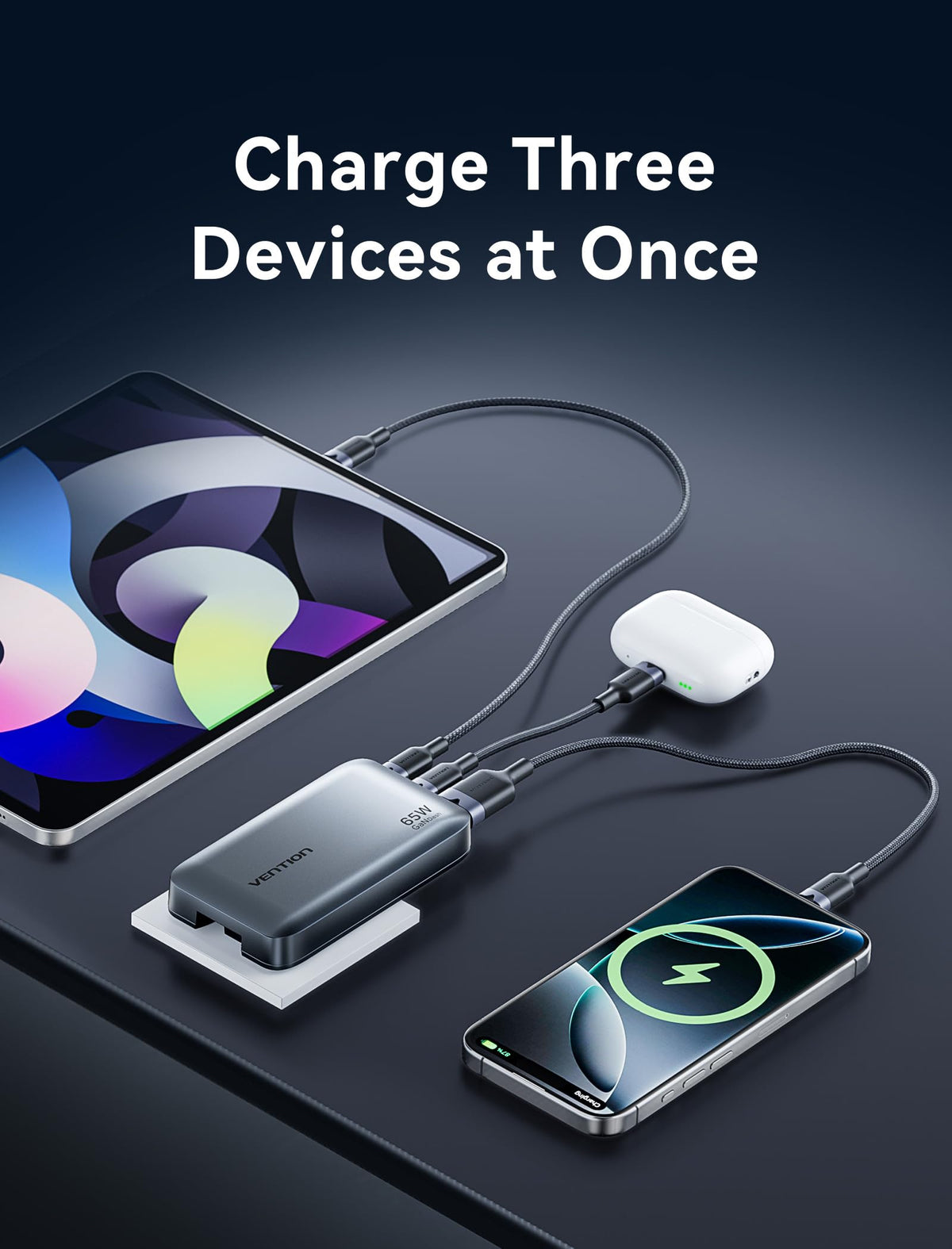 VENTION port closeup highlighting 65W USB‑C and smart power sharing benefit