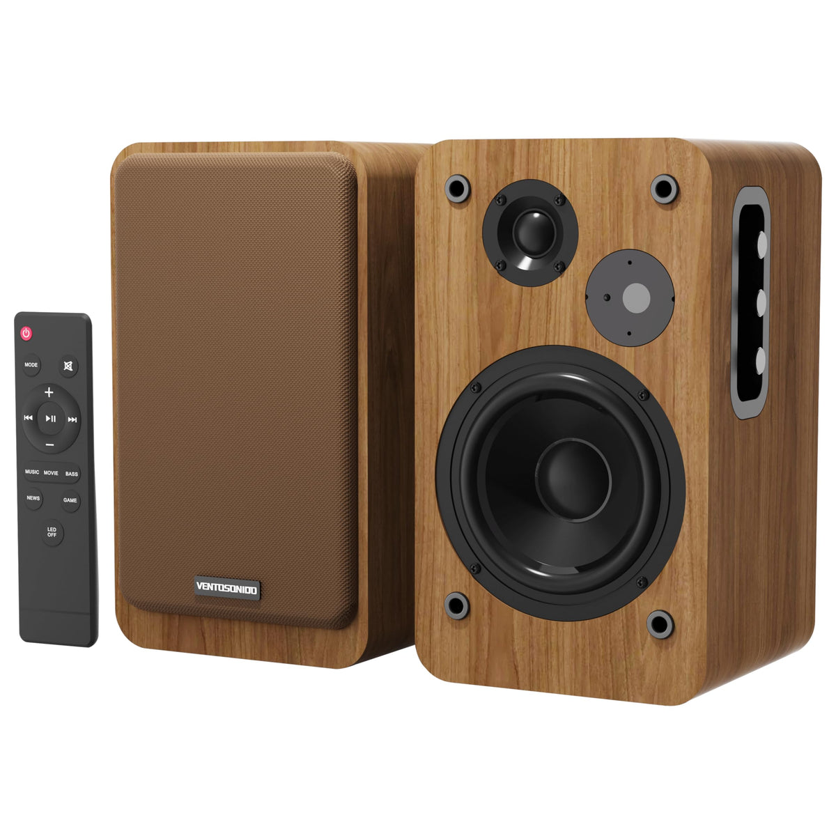 VENTOSONIDO powered bookshelf speakers front view highlighting desktop studio monitor design for compact rooms.