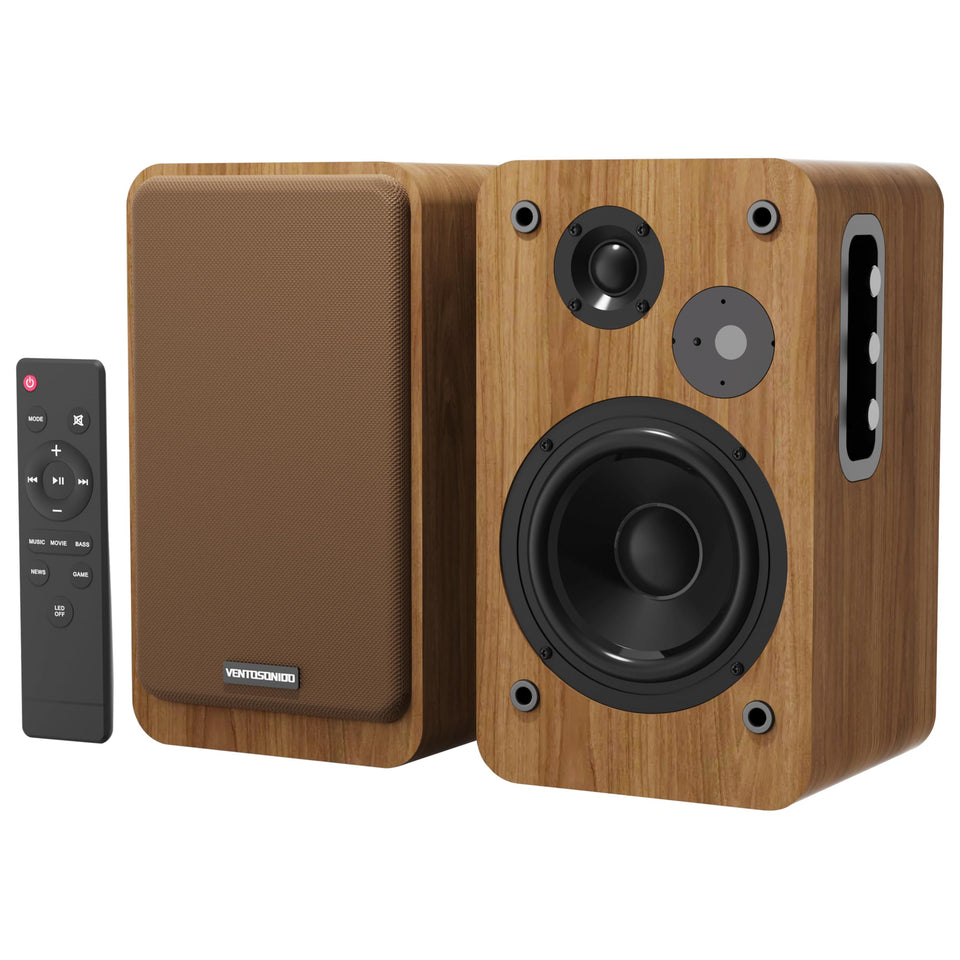 VENTOSONIDO powered bookshelf speakers front view highlighting desktop studio monitor design for compact rooms.