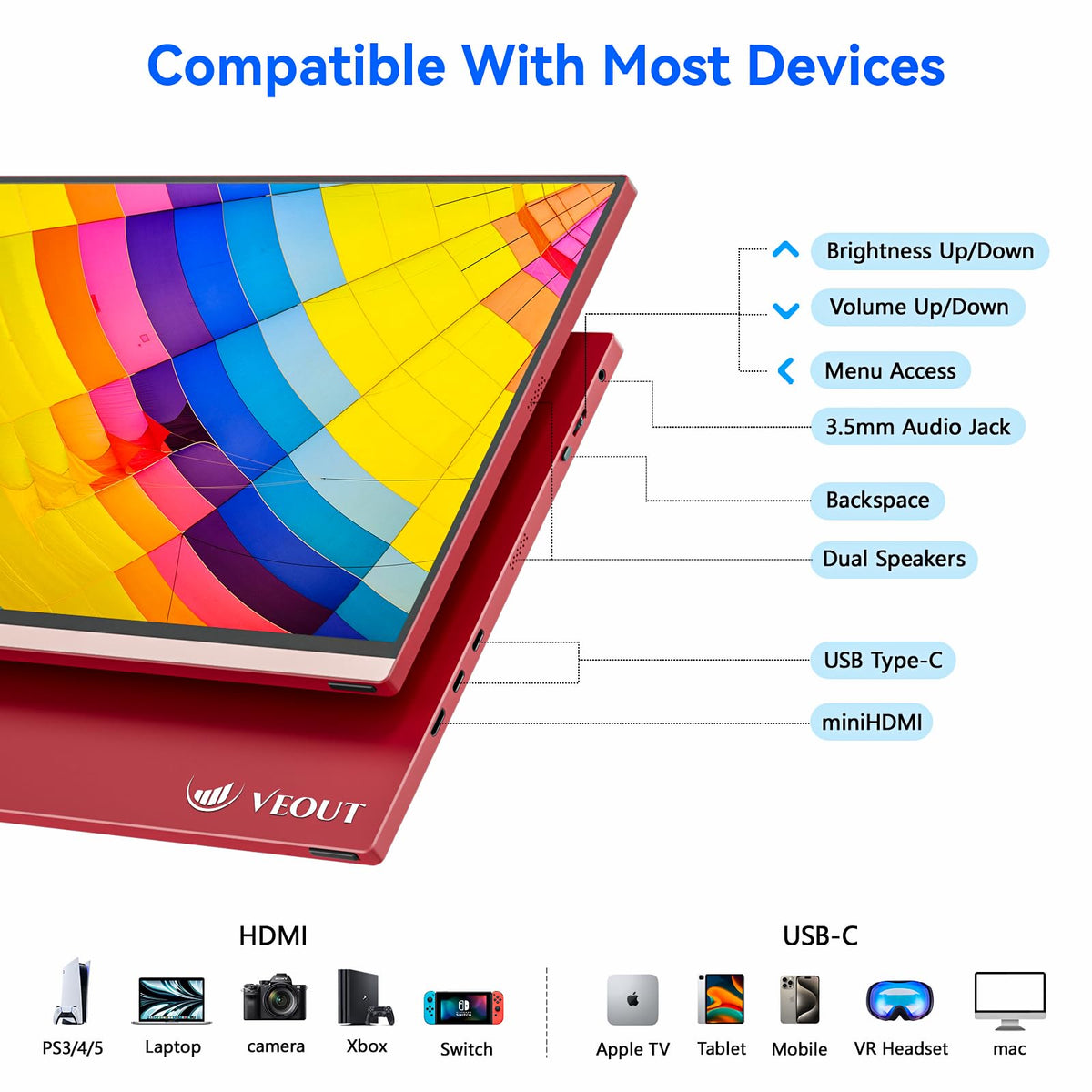Veout 100% sRGB color accuracy supports vivid visuals for presentations and media.