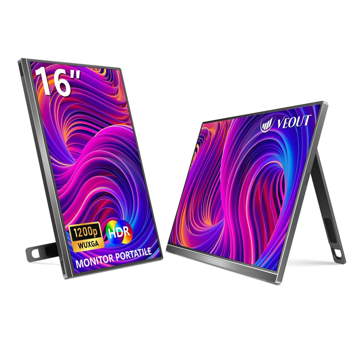 Veout 16-inch IPS monitor front view, portable travel-ready design.