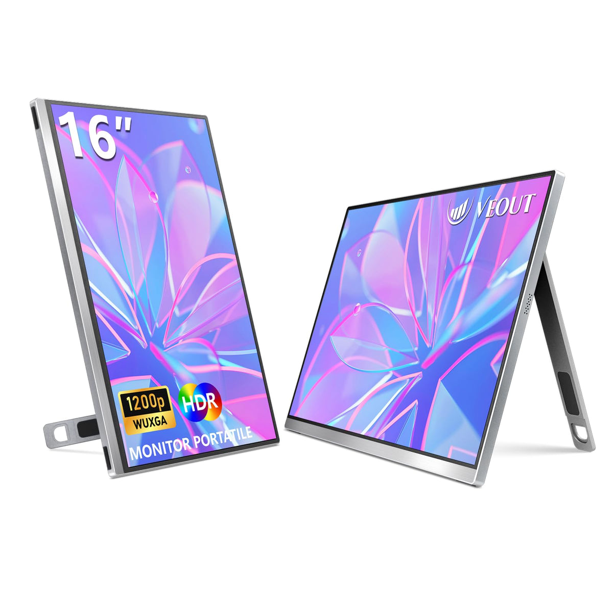 Veout external second screen for MacBook Pro in silver offering portable multitasking on the go.
