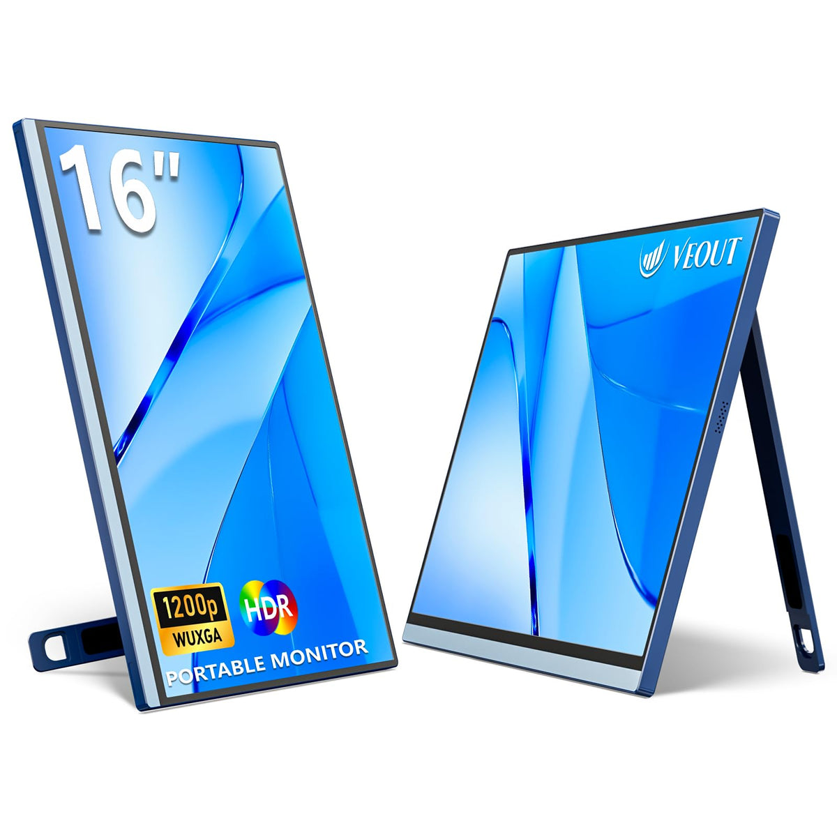 Veout portable monitor 16in front view highlighting slim profile for travel.