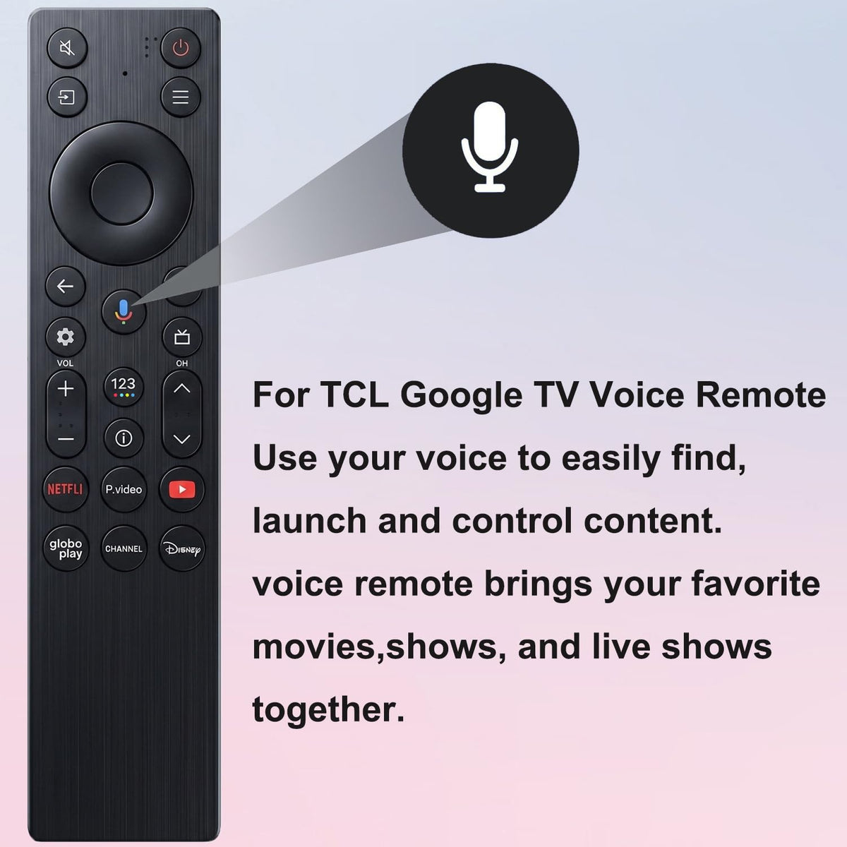 VEPRAG voice remote for TCL QM5K pairing process shows easy setup near the TV.