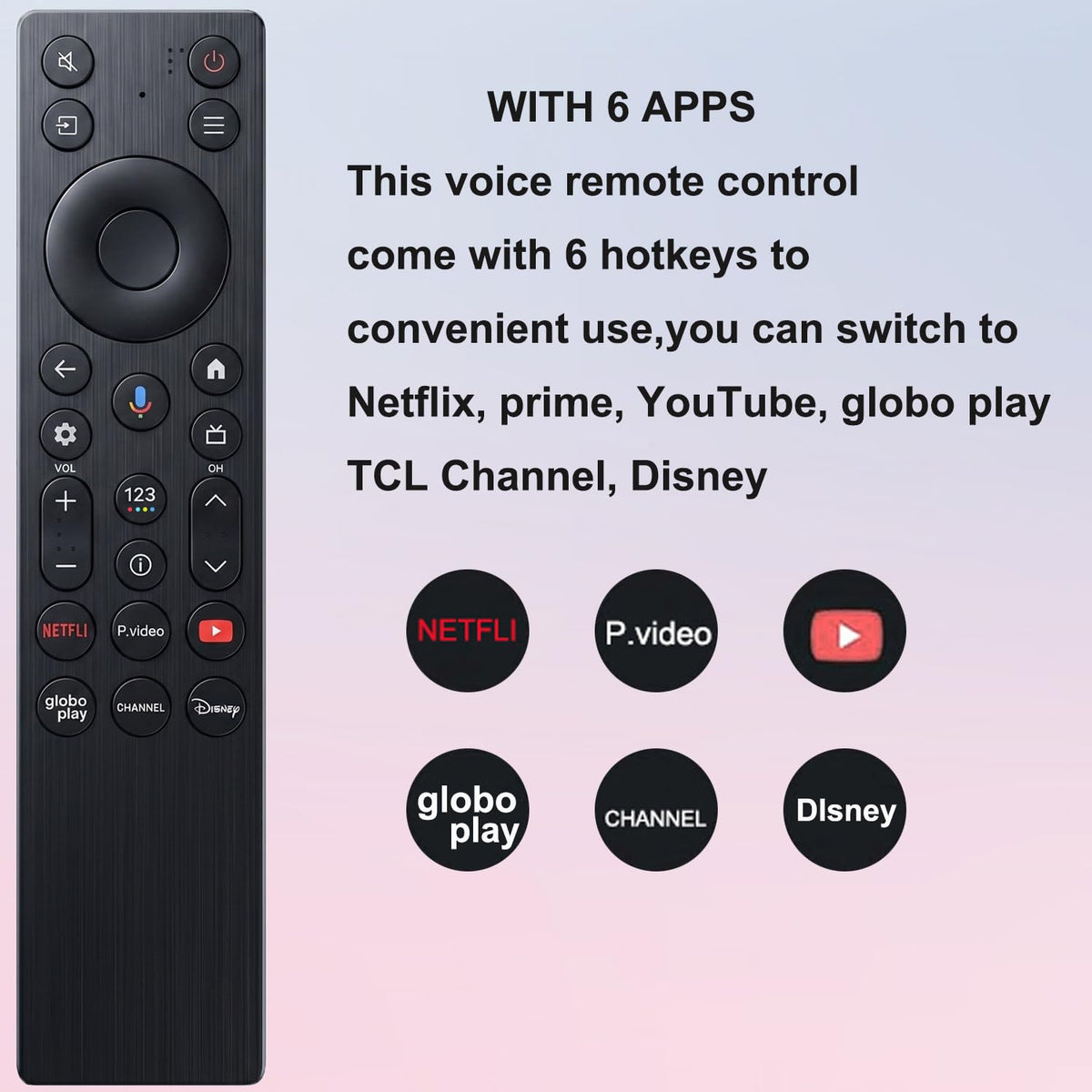 VEPRAG remote for TCL QM6K features quick-access buttons for streaming.