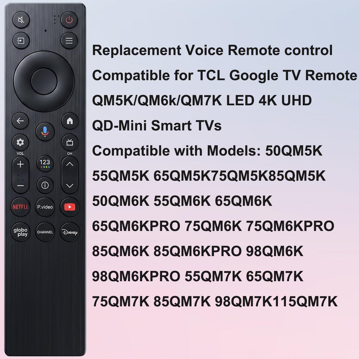 VEPRAG TCL QM7K remote with voice search enables hands-free queries.