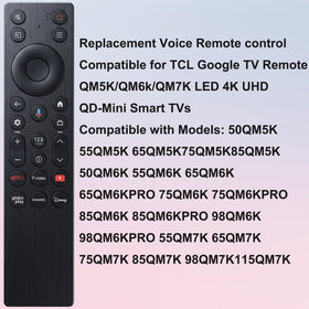 VEPRAG TCL QM7K remote with voice search enables hands-free queries.
