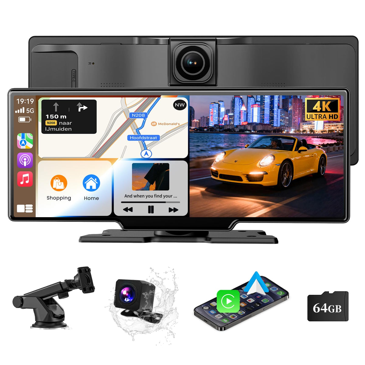 Veralady wireless CarPlay screen on dash, clear front view for easy Apple CarPlay use