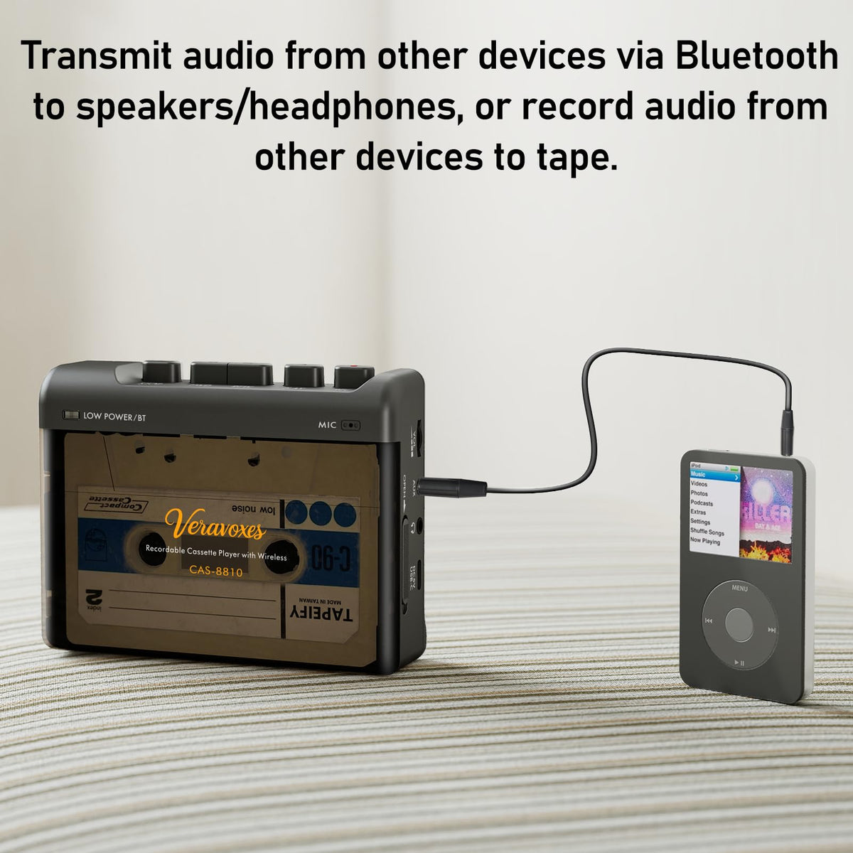 VERAVOXES paired with Bluetooth headphones demonstrating wireless listening