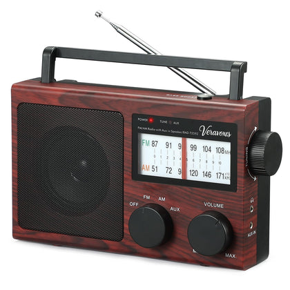 Veravoxes portable AM/FM radio with bass control for richer audio on the go.
