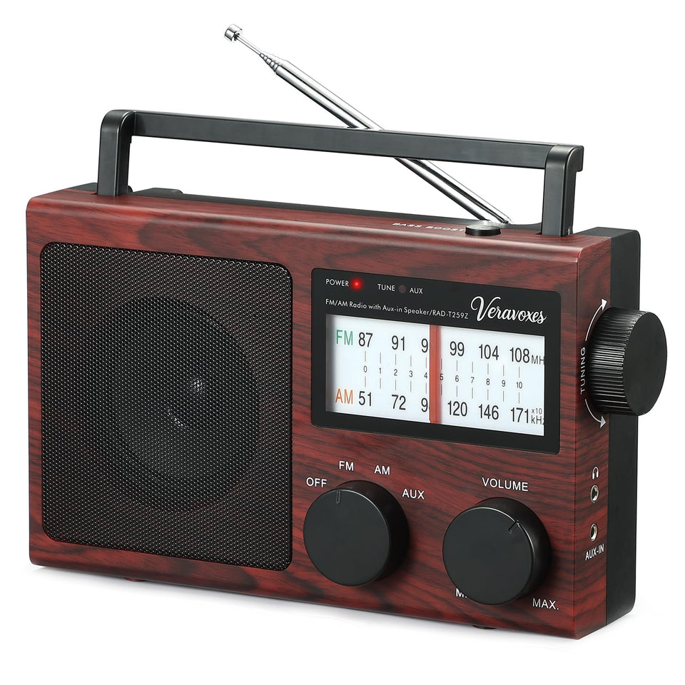 Veravoxes portable AM/FM radio with bass control for richer audio on the go.