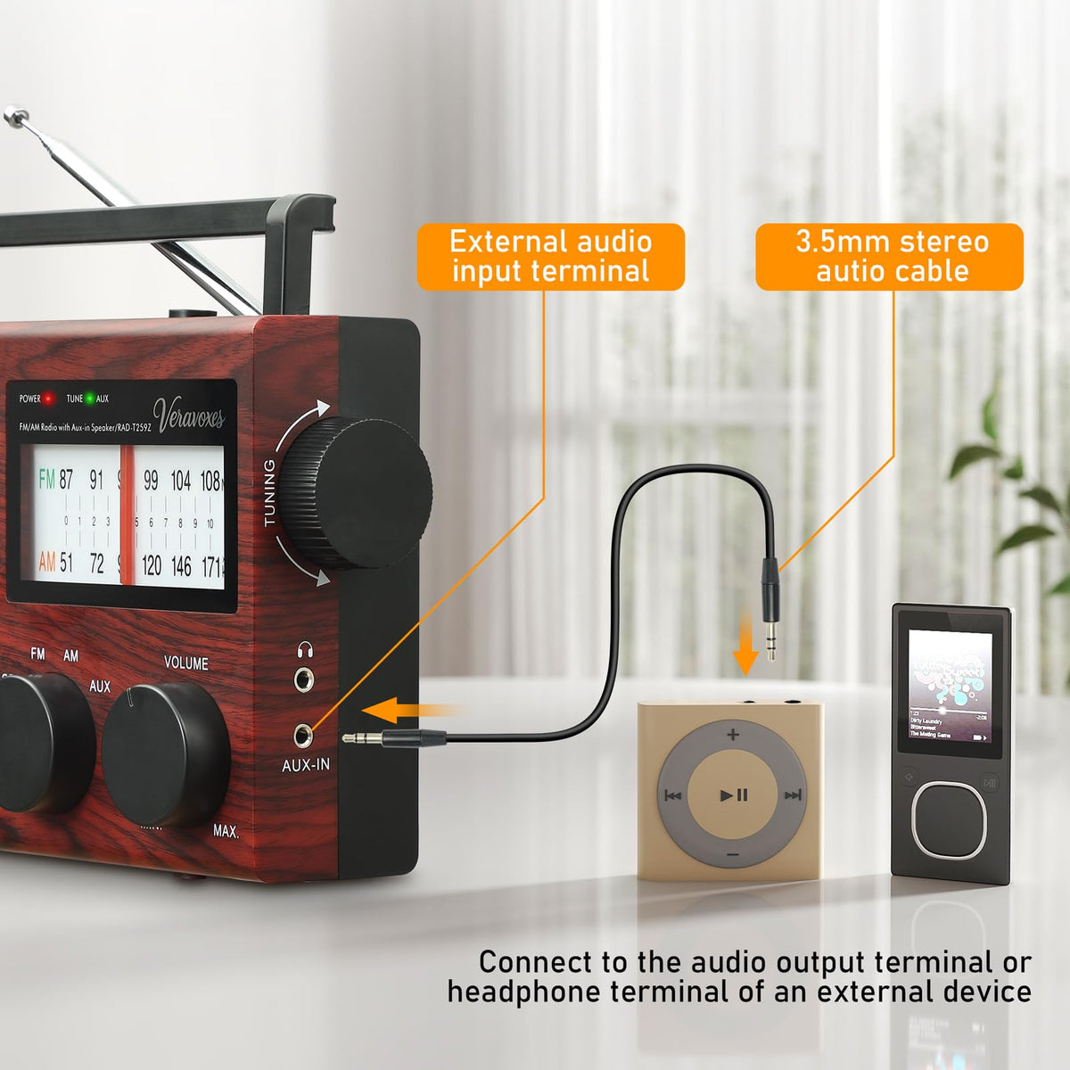 Veravoxes radio dual-power mode for home or outdoor use.