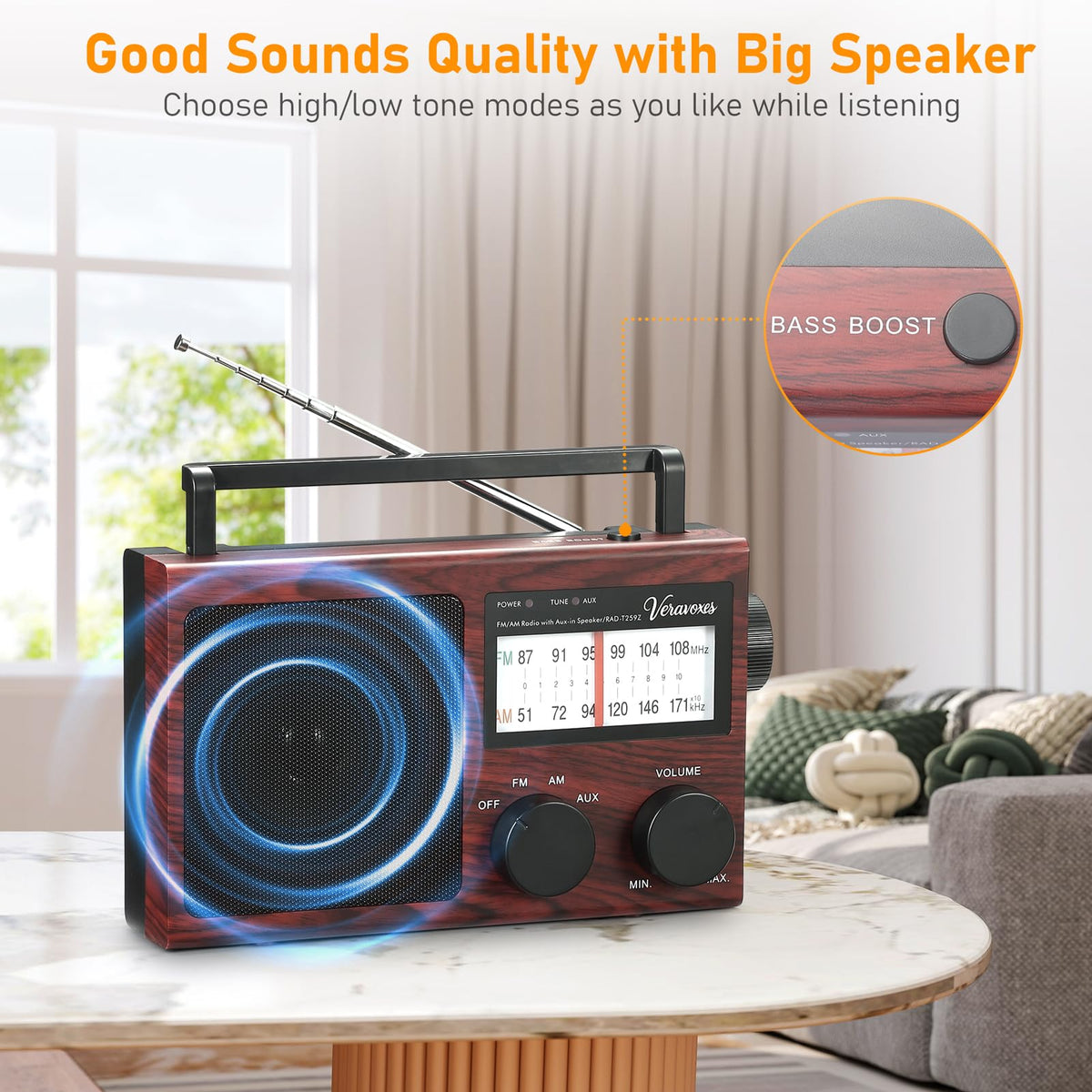 Veravoxes portable radio features a large rotary knob for easy tuning.