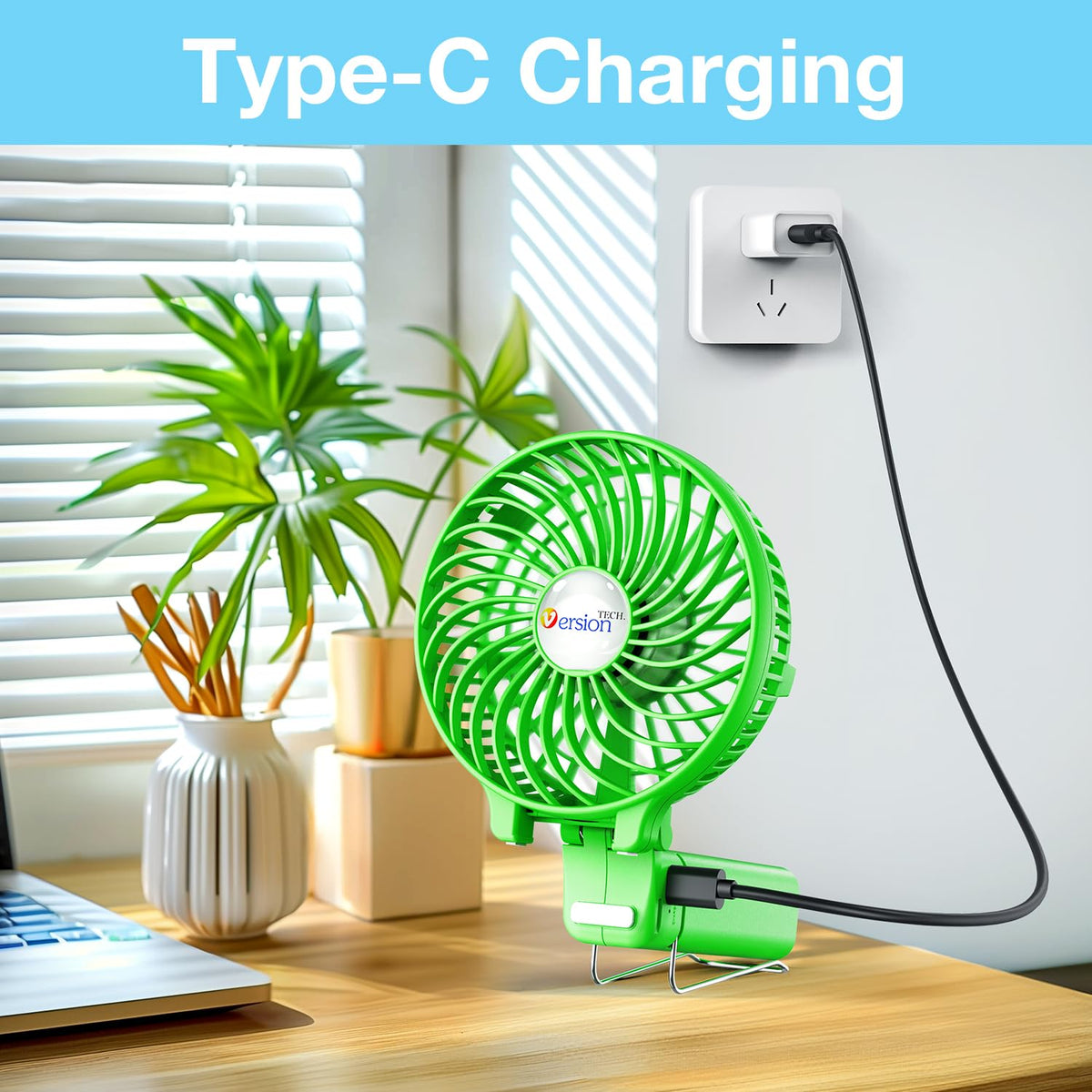 VersionTECH USB rechargeable portable fan ready to charge anywhere