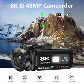 VETEK 8K camera side-handling view shows ergonomic grip for handheld vlogging