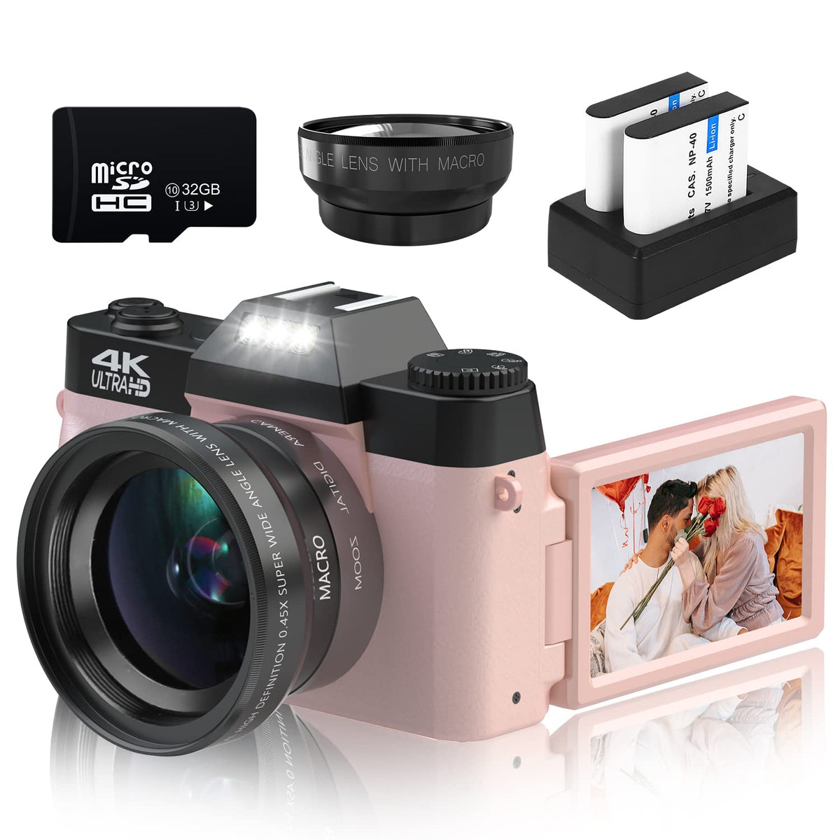 VETEK camera front view in pink highlighting 4K video and 48MP photos.