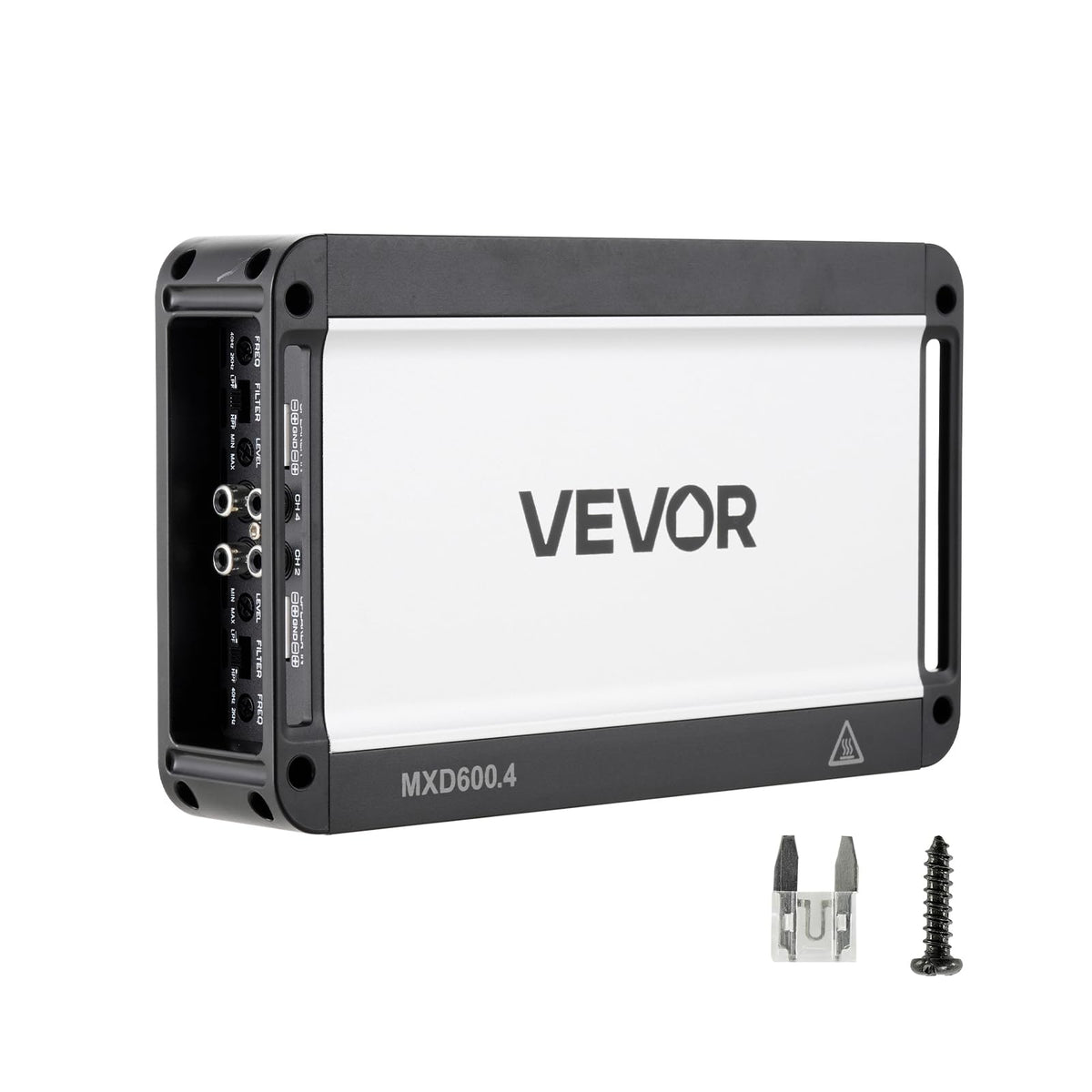 VEVOR 4-channel car amplifier front view demonstrates compact design for clean installation.
