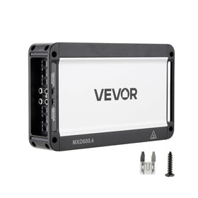 VEVOR 4-channel car amplifier front view demonstrates compact design for clean installation.