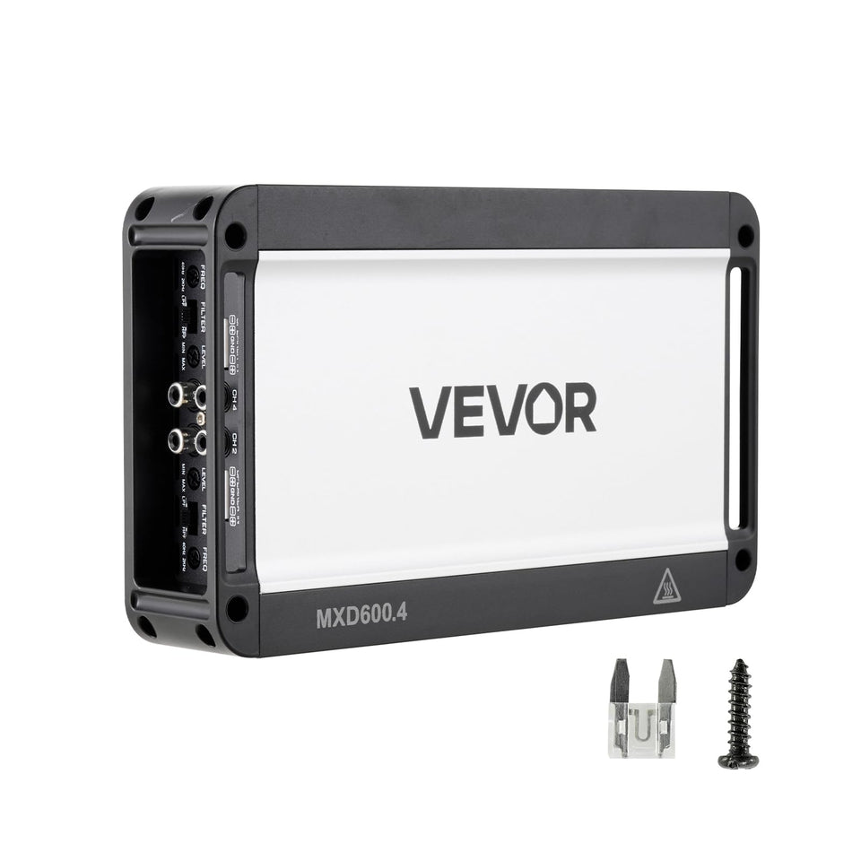 VEVOR 4-channel car amplifier front view demonstrates compact design for clean installation.