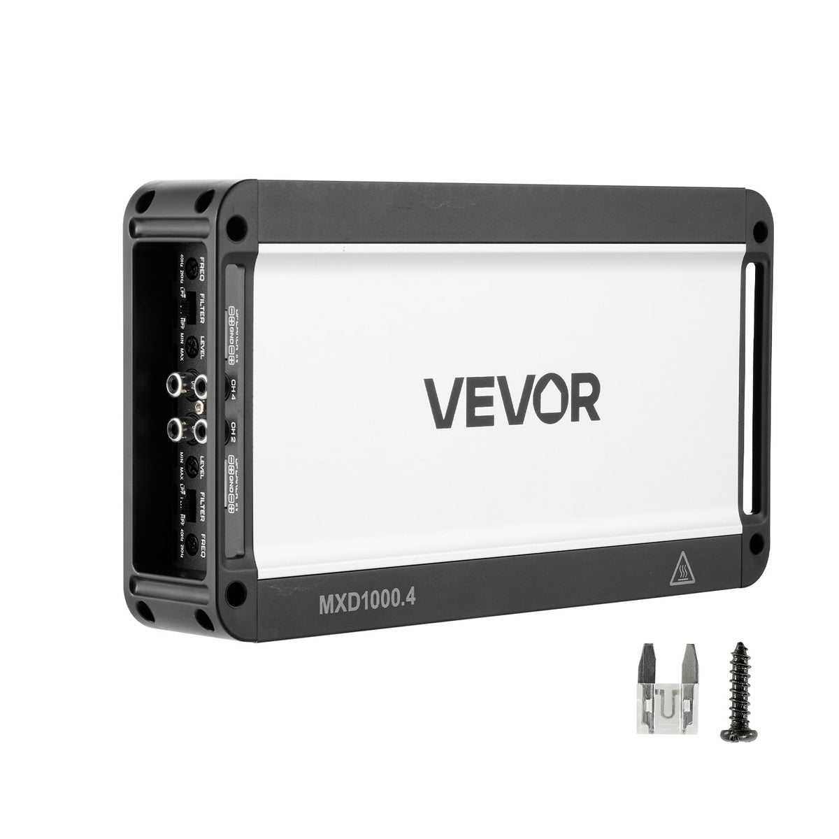 VEVOR 4-channel car amplifier front view for easy dash mounting.