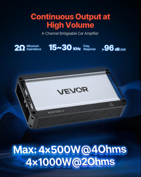 VEVOR 4-channel amplifier side ventilation promotes cooler operation.