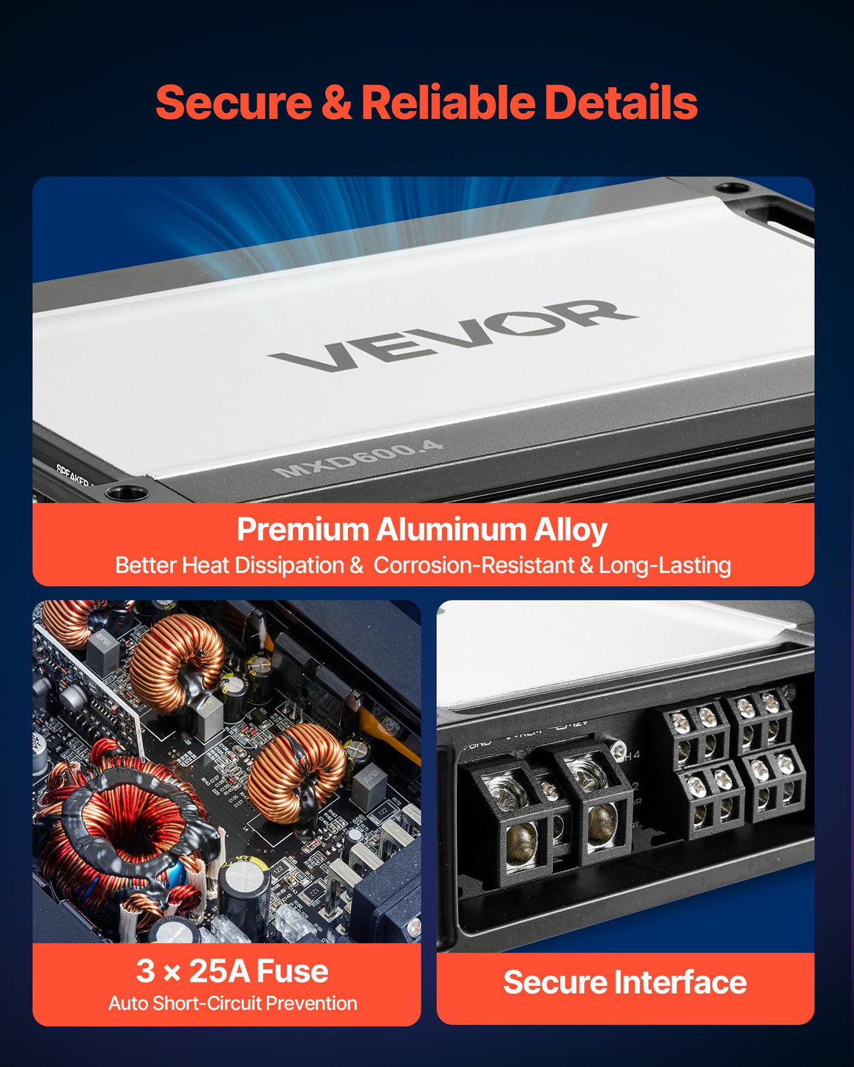 VEVOR 4-ohm stable output supports high-power performance for demanding audio.