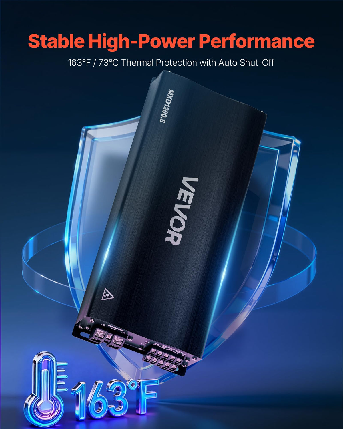 VEVOR 5-channel amplifier bridge mode illustration emphasizes subwoofer power