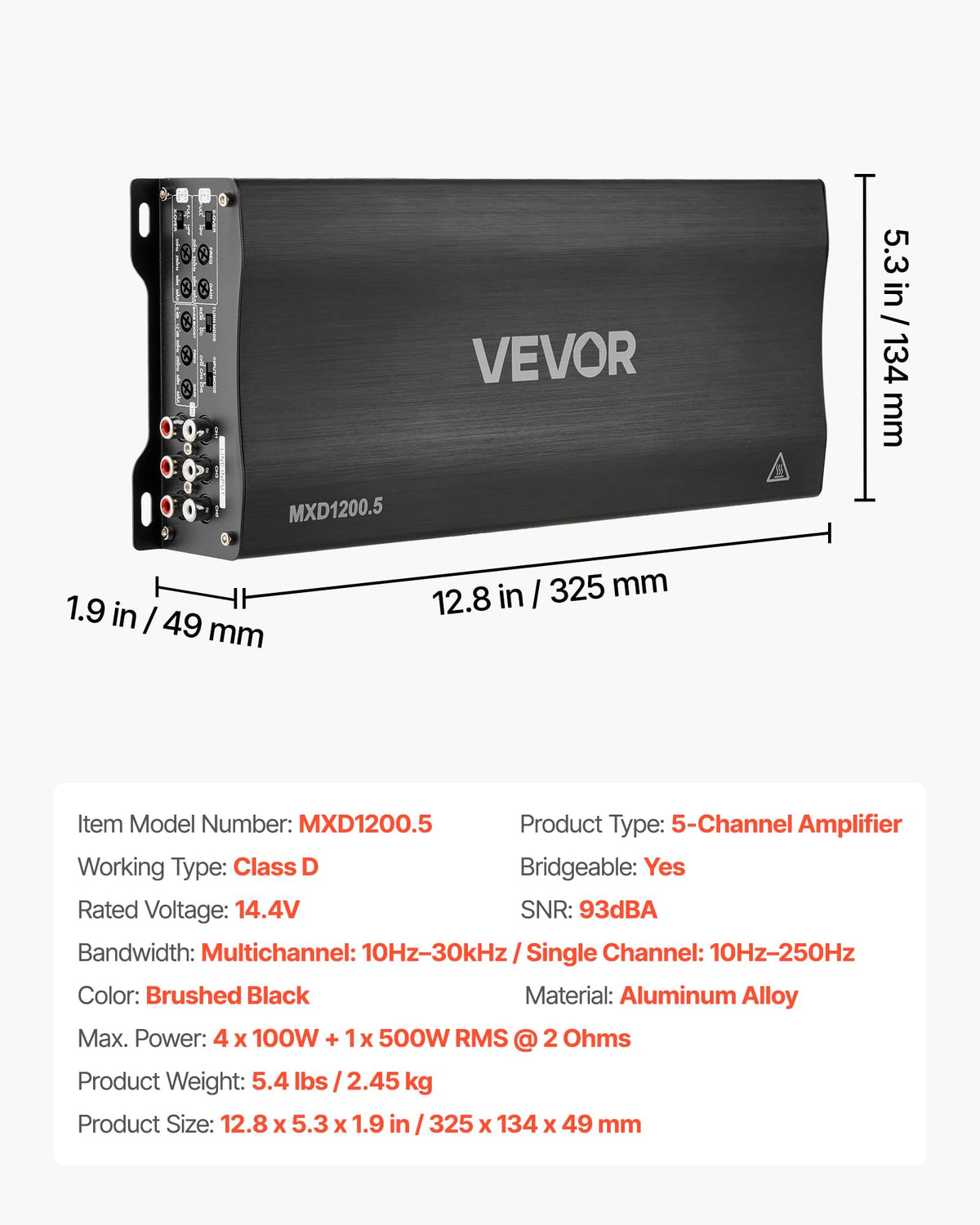 VEVOR 5-channel amplifier in-dash installation rendering shows integration with dashboard controls