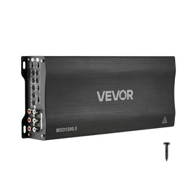 VEVOR 5-channel amplifier front view shows compact Class D design for clean power