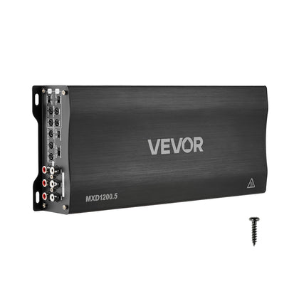 VEVOR 5-channel amplifier front view shows compact Class D design for clean power