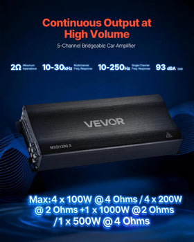 VEVOR 5-channel amplifier side view highlights efficient heat sink for cool operation