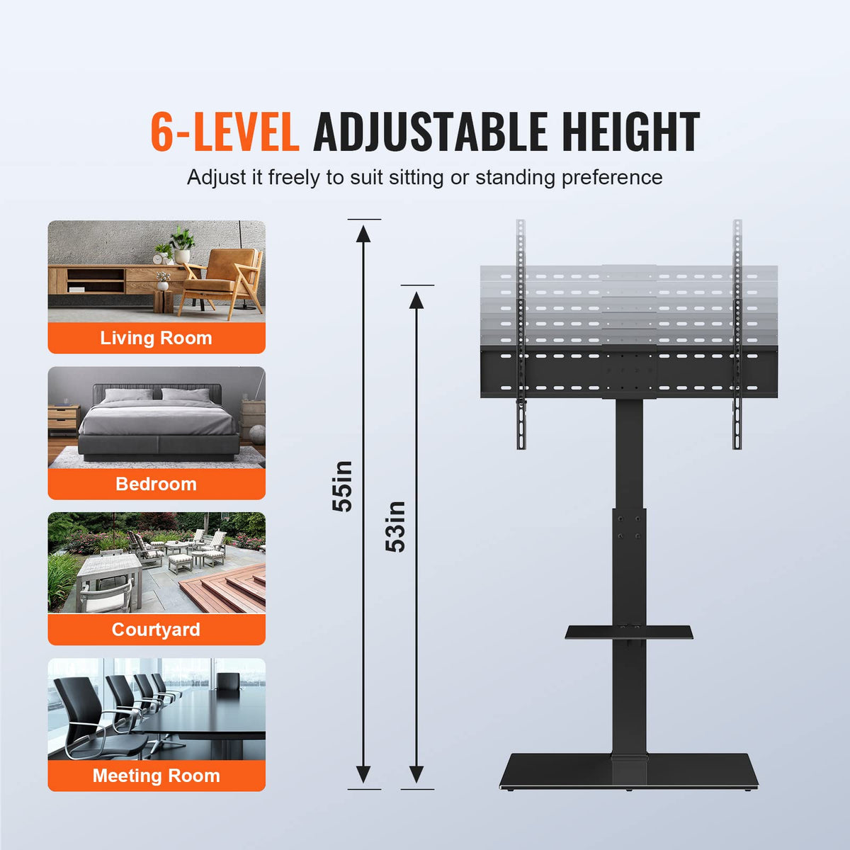 VEVOR adjustable-height stand fits 32-85 inch TVs at comfortable levels