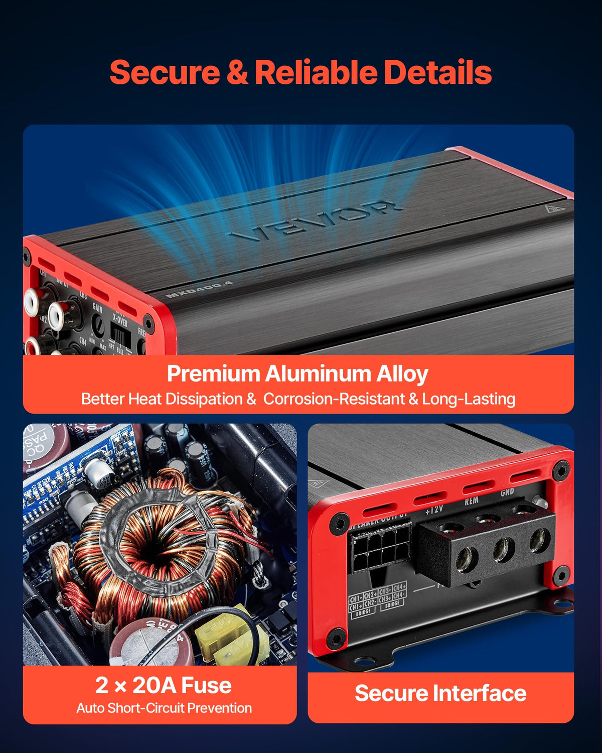 VEVOR amp wiring shown bridged for subwoofer power flexibility and control