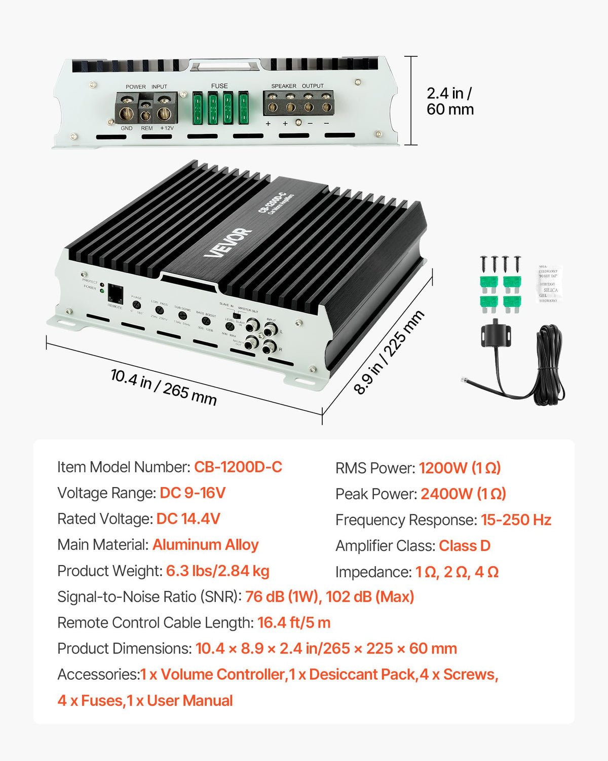 VEVOR 1200W mono amp with low-pass filter and bass boost features