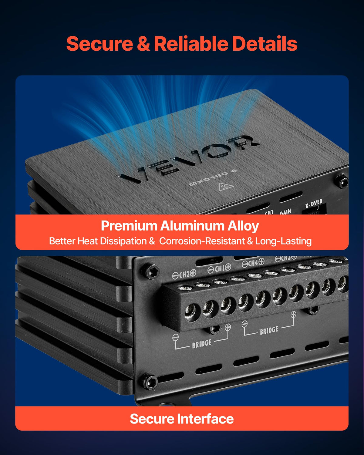 VEVOR 4x160W output at 2Ω showing strong load handling