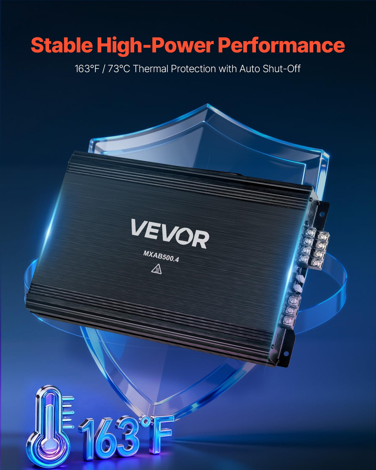 VEVOR amplifier installed in trunk showing compact fit and space-saving benefit