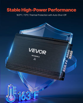 VEVOR amplifier installed in trunk showing compact fit and space-saving benefit